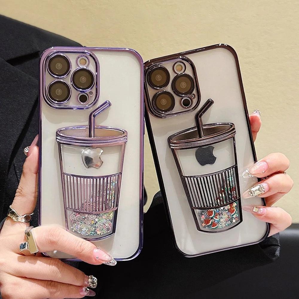 Electroplated Quicksand Liquid Phone Cases For iPhone 11 12 13 14 Pro Max Case Clear Milk Tea Cups Sequins Glitter Back Cover