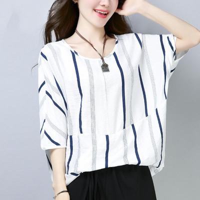 Топ с рукавом три четверти для женской летней одежды Новая толстая ММ свободная тонкая летучая мышь рубашка повседневная полосатая футболка из ледяного шелка для женщин