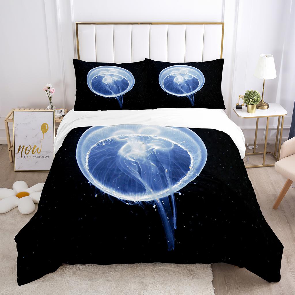Jellyfish Duvet Cover Set Blue Sea Wild Animals Theme King Queen Size for Kids Teens Adult Polyester Bedding Set with Pillowcase