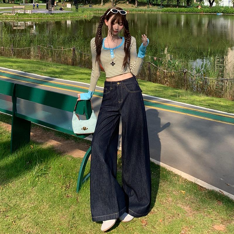 Dark blue American loose wide-leg pants pocket design primary color jeans women's new retro straight casual trousers