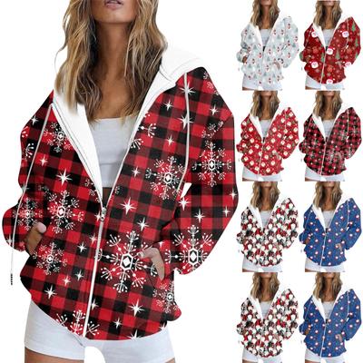 Женские толстовки на молнии для девочек-подростков, рождественский свитшот с принтом, одежда, повседневная куртка на шнурке с карманами