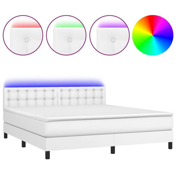 Sommier à lattes avec matelas - 160x200 cm - Similicuir Blanc - LED Colorée - 2 Places