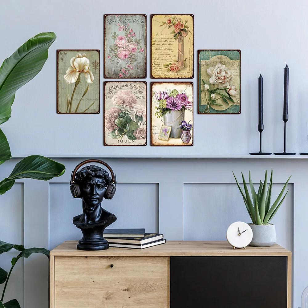 Металлическая жестяная вывеска с цветами в стиле ретро, ​​тарелки в стиле ретро, ​​роза, пион, лаванда, художественная табличка, винтажный постер, садовая комната, домашний Настенный декор, подарок