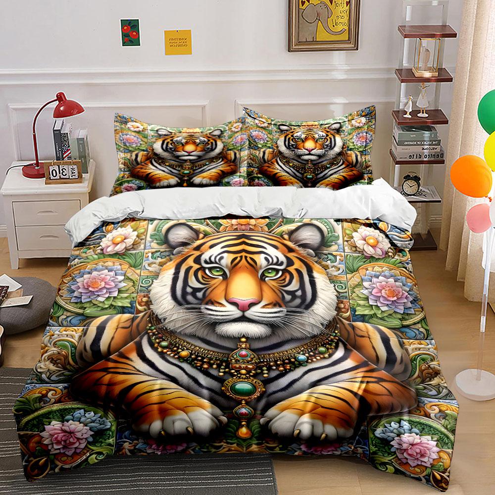 Tiger with jeweled necklace. Bedding sets Duvet cover sets Duvet covers Pillowcases(1 * Duvet Cover 2 * Pillowcases without duvet insert)