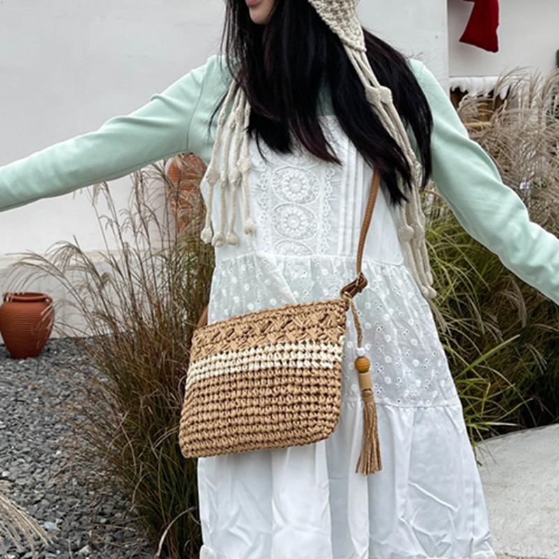 Yogodlns Женская летняя пляжная сумка через плечо с выемкой, большая вместимость, плетеная соломенная дорожная сумка с регулируемым ремешком, сумка через плечо
