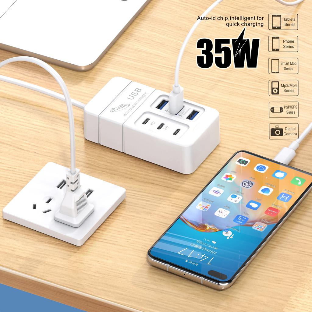 6 IN 1 USB Charger PD Type C 35W Fast Charging Wall Phone Charger Adapter Quick Charge 3.0 USB Hub EU US Plug USB Type C Charger