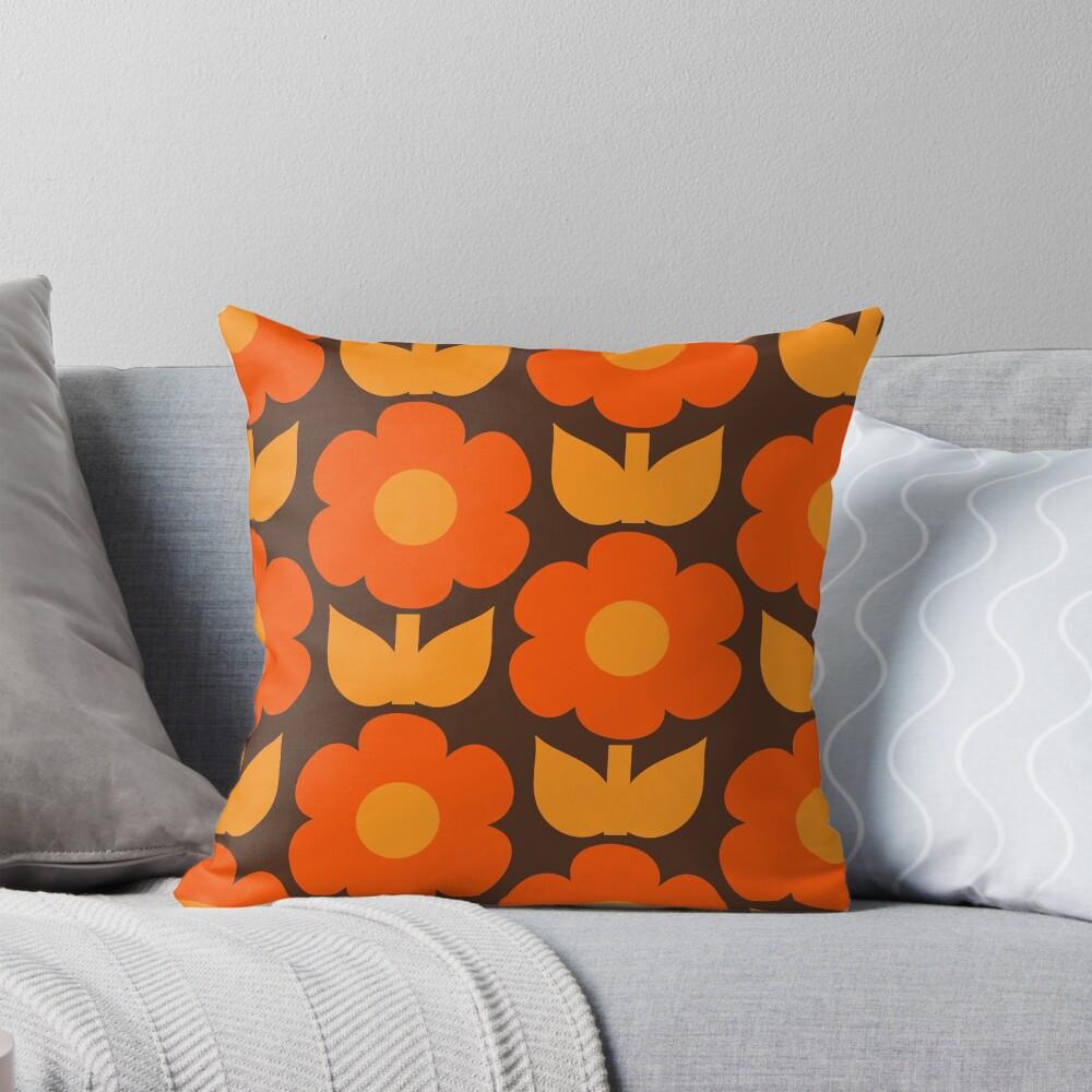 Jonnty Flowers Retro Floral Pattern in 70s Brown and Orange Throw Cushions & Pillows Without core