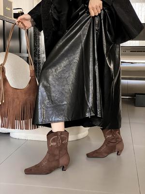 Модные женские ботильоны с квадратным носком, дизайн из флока, черные, коричневые, челси, на толстом среднем каблуке, черные, бежевые, коричневые, слипоны, зимние ботинки 39