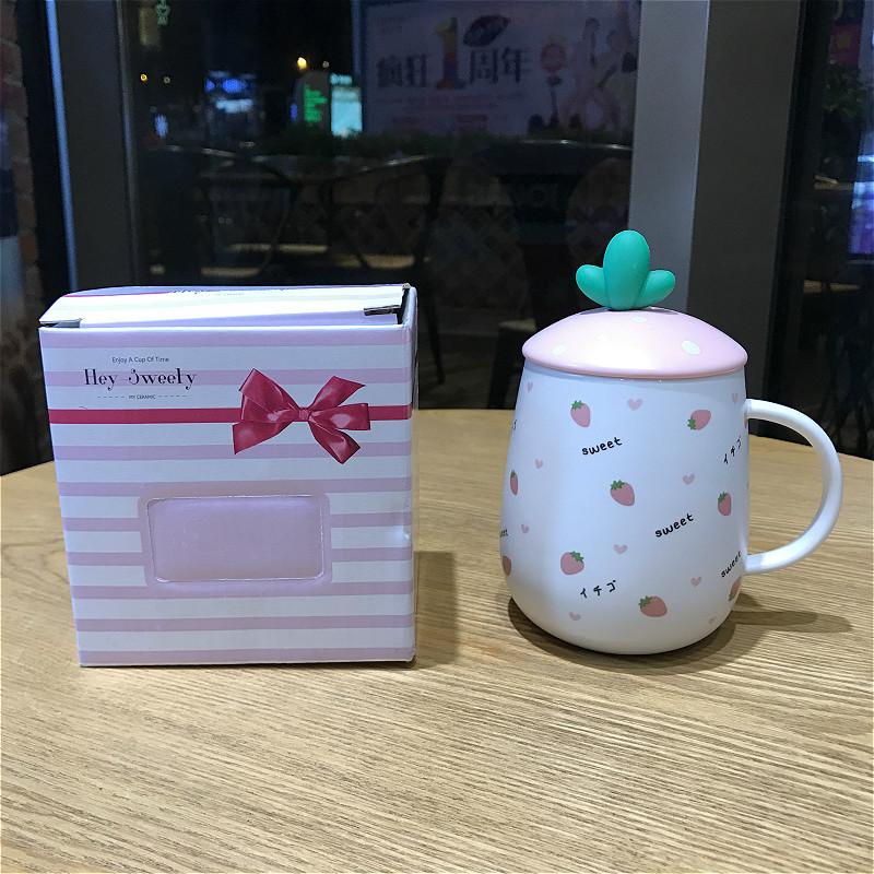 Gift Strawberry Cute Water Cup Super Cute Ceramic Cup with Lid and Spoon Korean Girl Student Mug Office