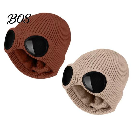 Snow Proof Outdoor Cycling Hat 2Pcs Fleece Lined Hats with Goggles, Warm Winter Knit Stretchy Brimless Eye Protection Hats, Windproof Skiing Caps for