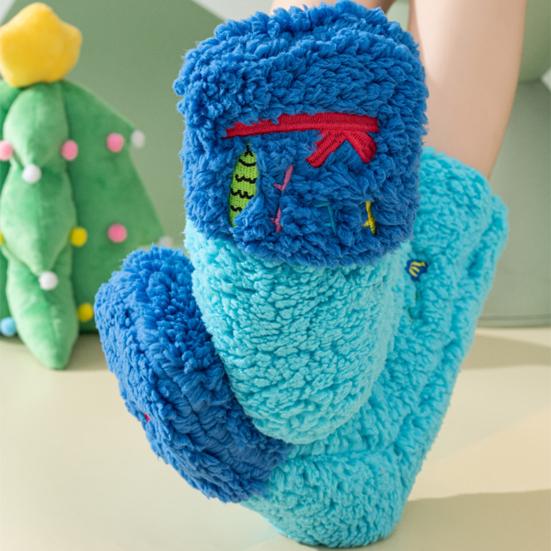 1 Pair Women Plush Fleece Socks Ultra Warm 3D Cartoon Embroidered Socks Elastic Fit Soft Thick Cozy Thermal Socks