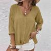 Women's Fashion Casual Solid Color V-Neck Live Button Seven Sleeve T-Shirt Top