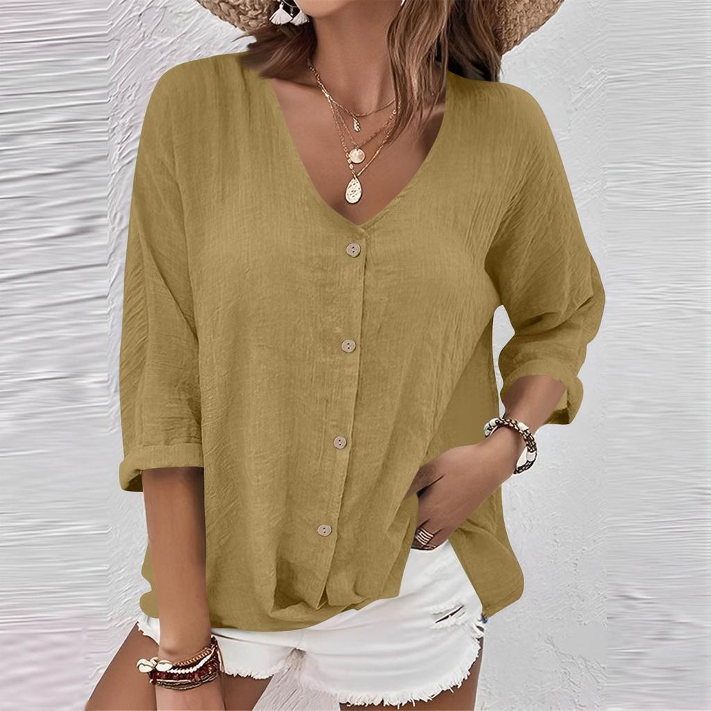 Women's Fashion Casual Solid Color V-Neck Live Button Seven Sleeve T-Shirt Top