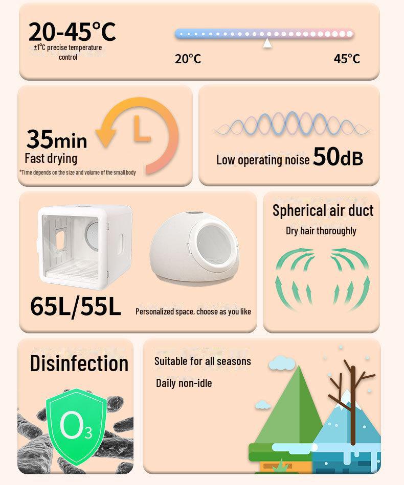 Бесшумная сушилка для домашних животных: Автоматическая стерилизация и сушка для мелких кошек и собак