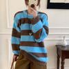 Contrasting Color Striped Knitted Sweater Women's Autumn and Winter New Lazy Style Casual Soft Waxy Round Neck Large Size Thick Pullover Sweater