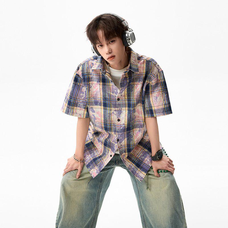 Мужская летняя рубашка с коротким рукавом в стиле тай-дай и color block - Свободный повседневный топ в гонконгском стиле