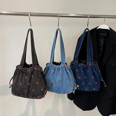 Женская винтажная джинсовая сумка-ведро на плечо с цветочным принтом, повседневная вышитая сумка большой вместимости с полиэстеровой подкладкой KTY