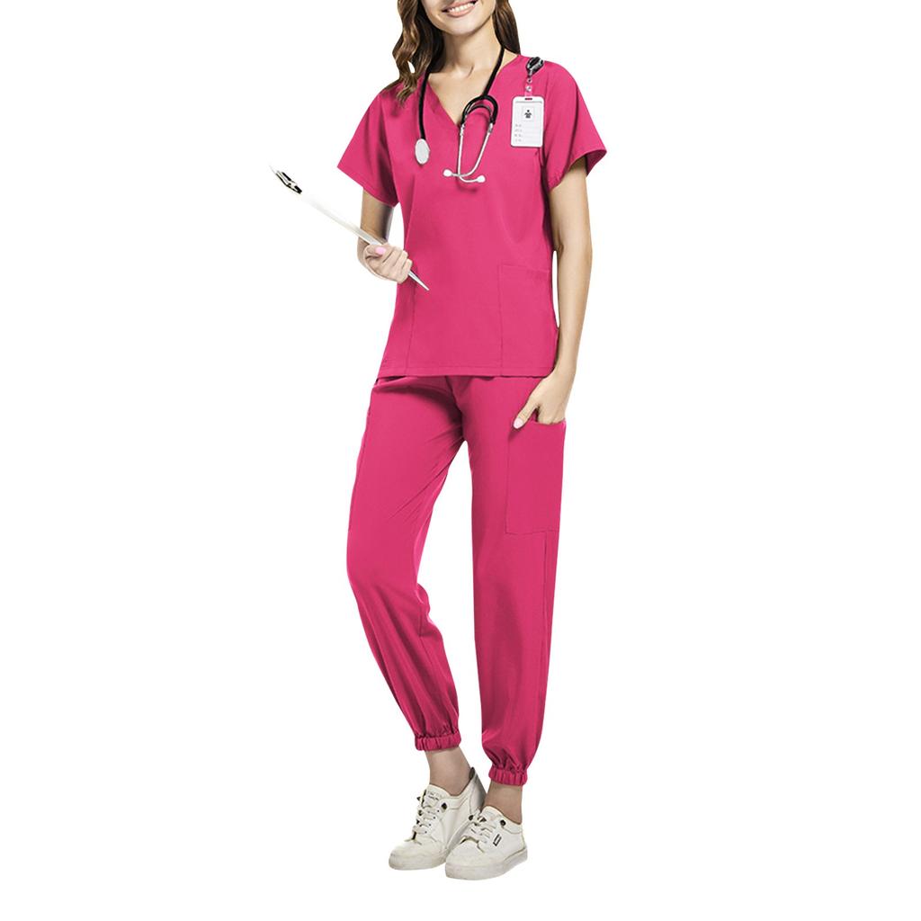 Ladies' Two-piece Set Short Sleeved Solid Color Pocket Top Pants Work Clothes Two-Piece Set