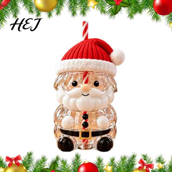 Lead Free Glass Cup Christmas Santa Straw Cup, High Borosilicate Tumbler, Durable Portable for Outdoor Reusable Drinking Cold Beverages And