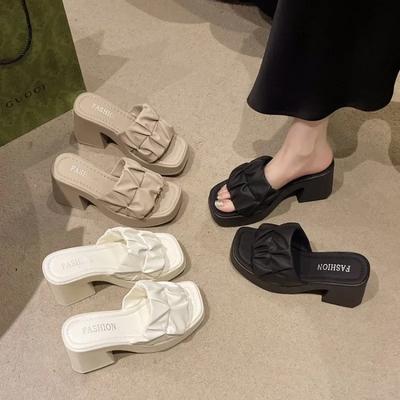 Женская обувь на распродаже Новая мода Квадратный носок Антивозрастные женские тапочки Летние туфли на высоком каблуке Повседневная женская обувь с открытым носком