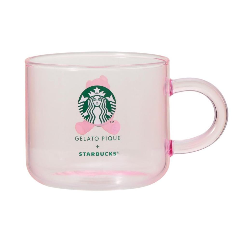 Starbucks Gela Pique collaboration glass mug, soft pink, 355ml. Gela Pique glass mug, pink.