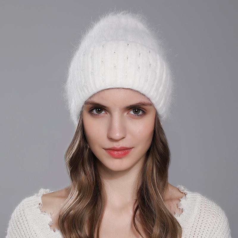 Winter Hat For Women Warm Knitted Angora Rabbit Fur Beanies Fashion With Bead Hats Female High Quality Casual Luxury Cap