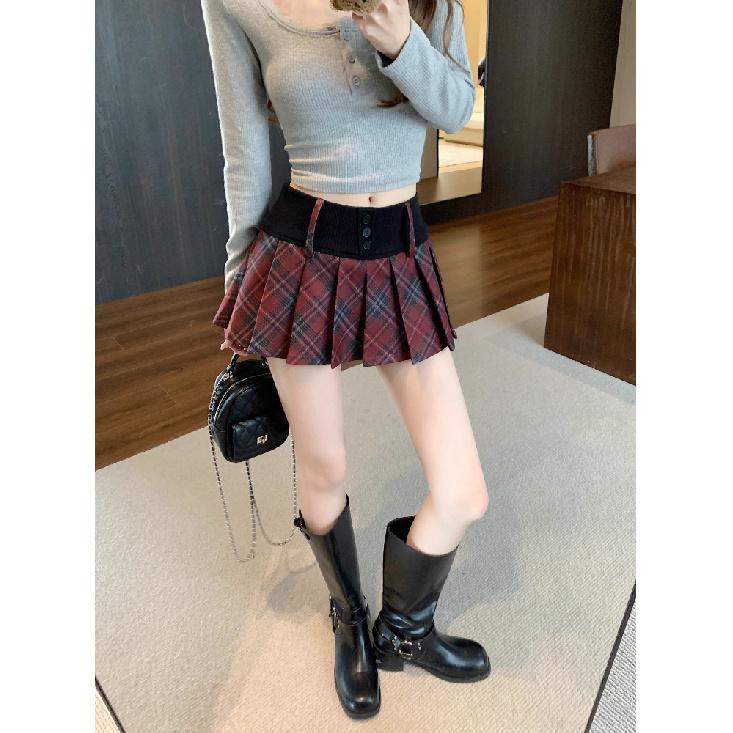 Vintage Patchwork Pleated Slim A-Line Skirt Women 2025 Spring New Korean High Waist Contrast Color Plaid Casual Mini Skirt