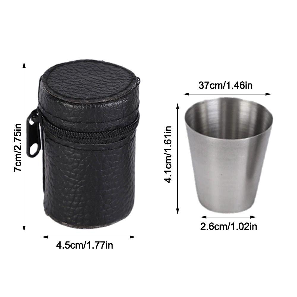 4pcs Stainless Steel Portable Tea Cup Black PU-Leather Case Whiskey Tumbler Cups Travel Use