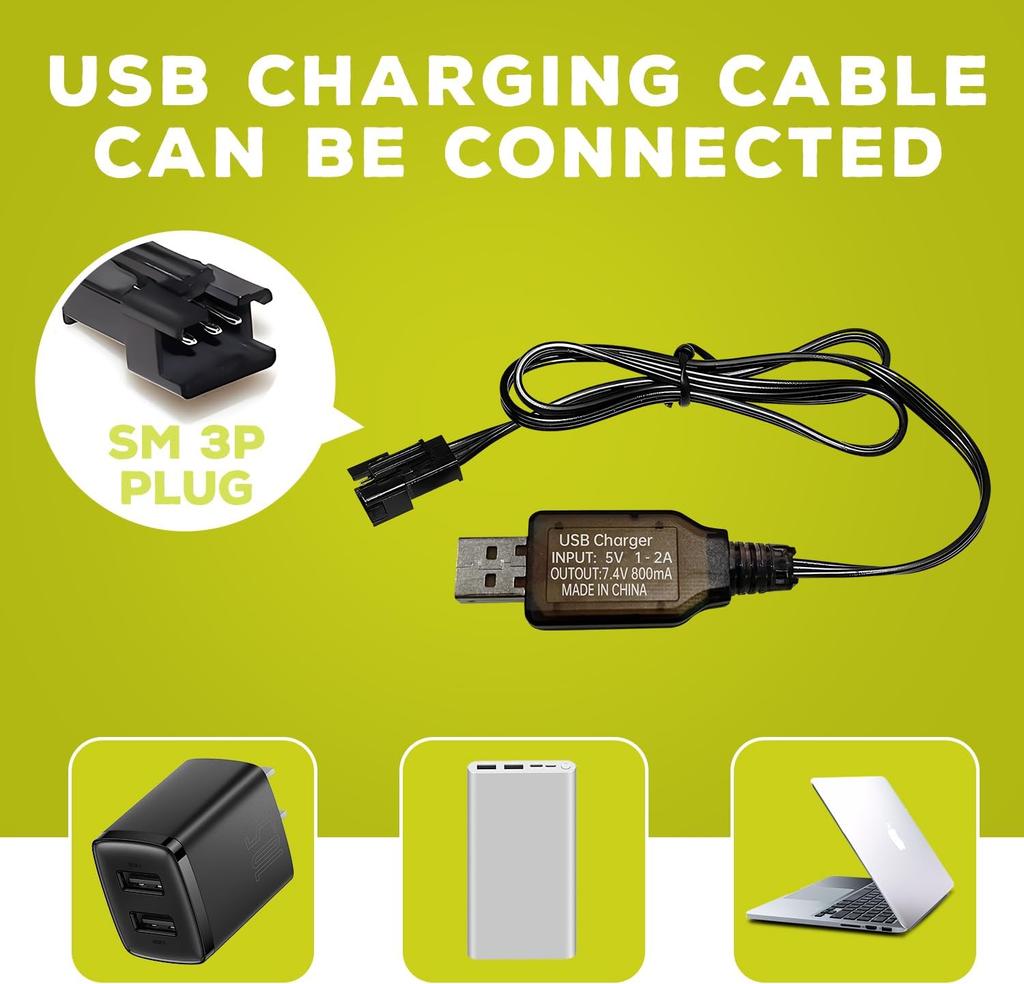 1x Li-ion Аккумулятор 7.4V 600mAh 2S с разъемом SM-3P + USB-кабель – Совместим с радиоуправляемой машиной DE82, TK3086B, TK-3082B, G20601, Машина-перевертыш