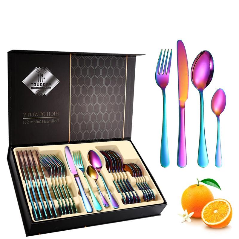 24Pcs Gold Cutlery Specular Light Stainless Steel Steak Knife Fork Spoon Teaspoon Upscale Restaurant Cutlery Set With Gift Box
