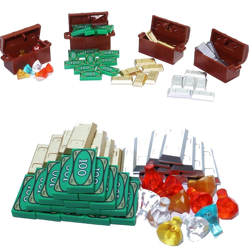 Нетоксичный строительный блок Город Сундук с сокровищами Шкатулка с драгоценностями Золото Серебро Алмаз Доллары Центы Монеты Наличные Кирпичи Аксессуар Печатный Moc Игрушка