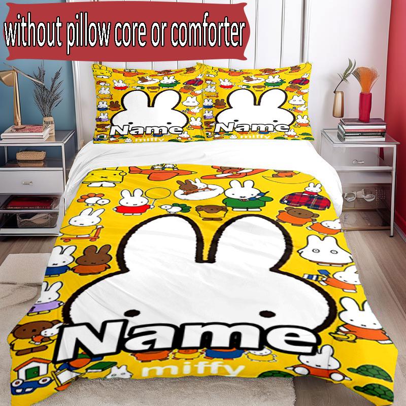 3pcs Duvet Cover Set (1*Duvet Cover + 2*Pillowcase, Without Core), Custom Name Miffy Pattern Bedding Set, Home Bedroom Decor Gift