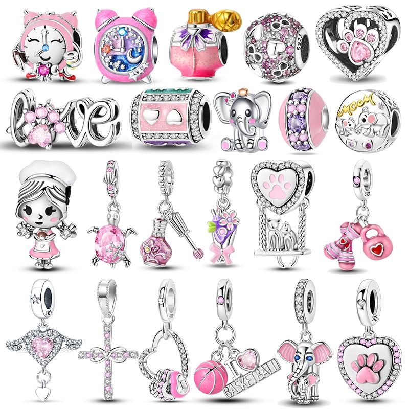 Copper Pink Collection Cat Paw Heart Bear Ice Cream Beads Fit Original Charms Bracelets Women Gift Jewelry Making