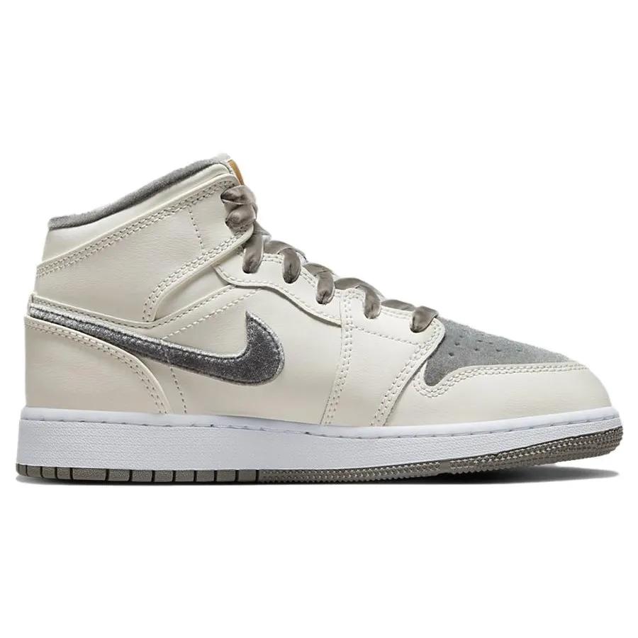 Air Jordan 1 Mid SE Grade School 'Pewter Velvet Toe' (Unisex) Sail / Metallic Gold / Flat Pewter Kids' Basketball Shoes FB9899 100
