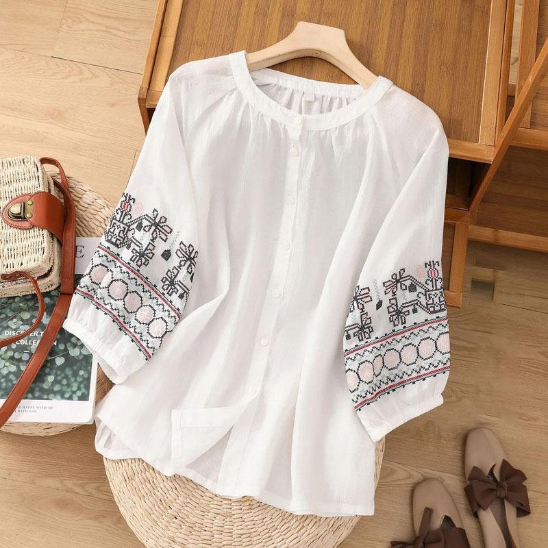 Large Size Cotton Linen T-shirt Summer Loose Casual Embroidery Leisure Single-breasted Short-sleeved Tops Women
