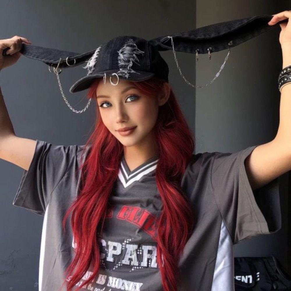 Rabbit Ripped Denim Baseball Cap Puppy Bunny Ears Snapback Cap Chains Doberman Ears Hat Girl