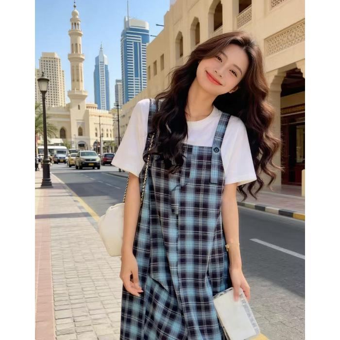Korean casual plaid dress early autumn new high-end temperament loose fake two-piece long dress women's clothing