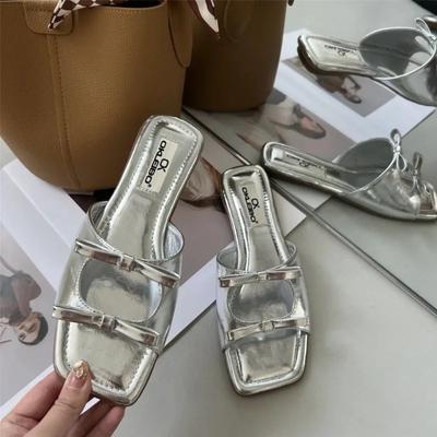 Мода 2024 Лето Новые Пляжные Туфли Открытый Носок Модные Тапочки С Двумя Бантиками Женские Тапочки На Плоской Подошве Женские Сандалии Плюс Размер 43 Zapatos