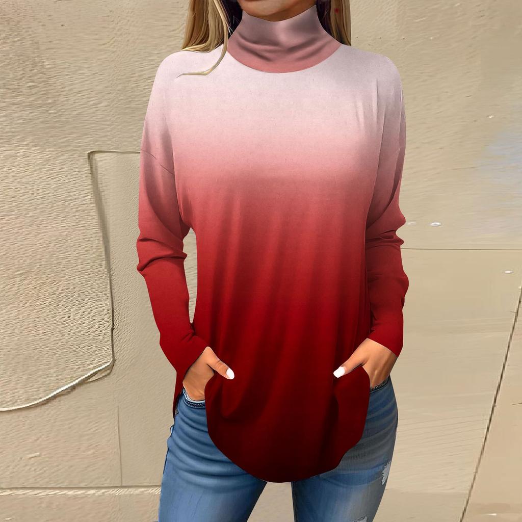 Футболки для женщин, осенние повседневные рубашки с длинными рукавами, толстовка с винтажным принтом, топ с высоким воротом, пуловер