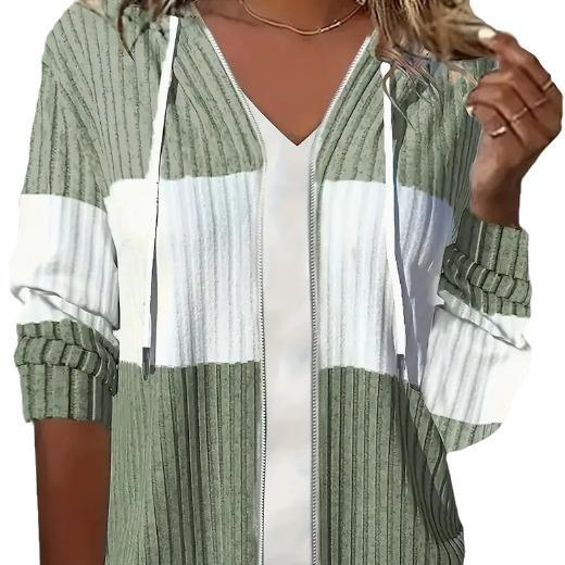 Женское оливково-зеленое худи на молнии в рубчик, белая контрастная полоса, капюшон со шнурком