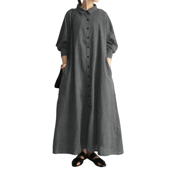Длинное платье с планкой на пуговицах, рабочая одежда на ощупь, классическое свободное осеннее платье-рубашка в полоску с лацканами, повседневная одежда