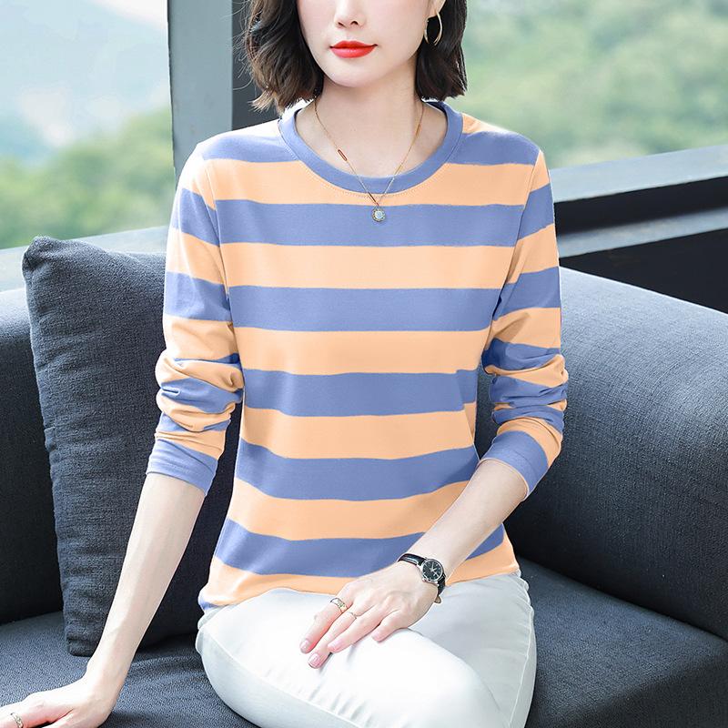 Осенняя одежда для мам среднего возраста, свободная хлопковая футболка с длинным рукавом больших размеров, женская осенняя одежда, майки с полосатыми топами