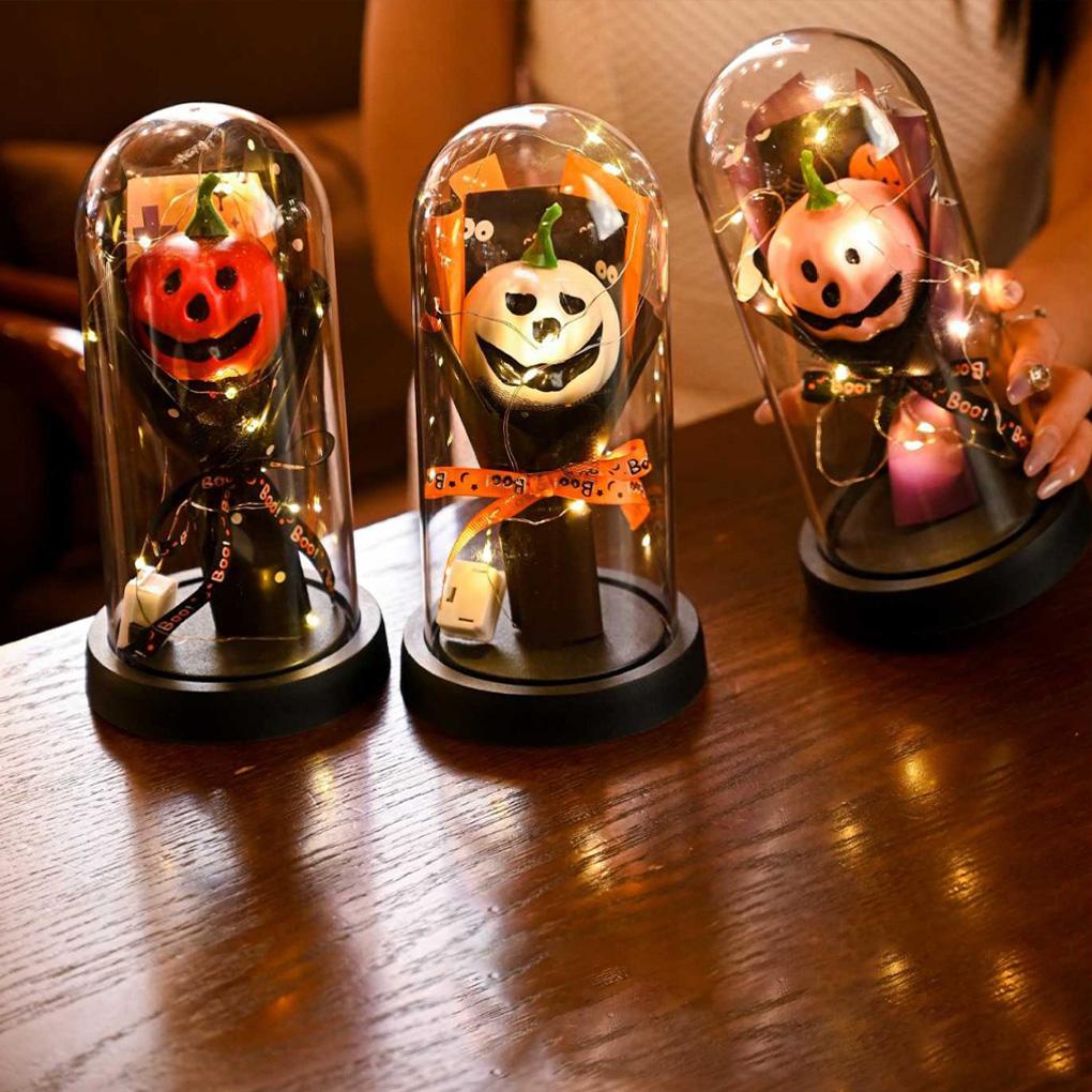 2025 New Halloween Lights LED Glass Dome with Artificial Plants Light-up Pumpkin Cloche for Home Kitchen Mantel Party Decor