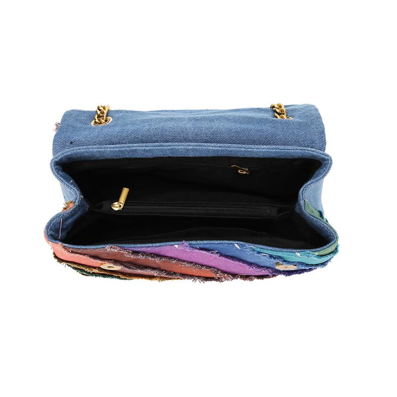 Women's Colorful Denim Tote Bag Rainbow Patchwork Eagle Head Magnetic Closure Shoulder Bag Medium PU Material 27*9*17cm