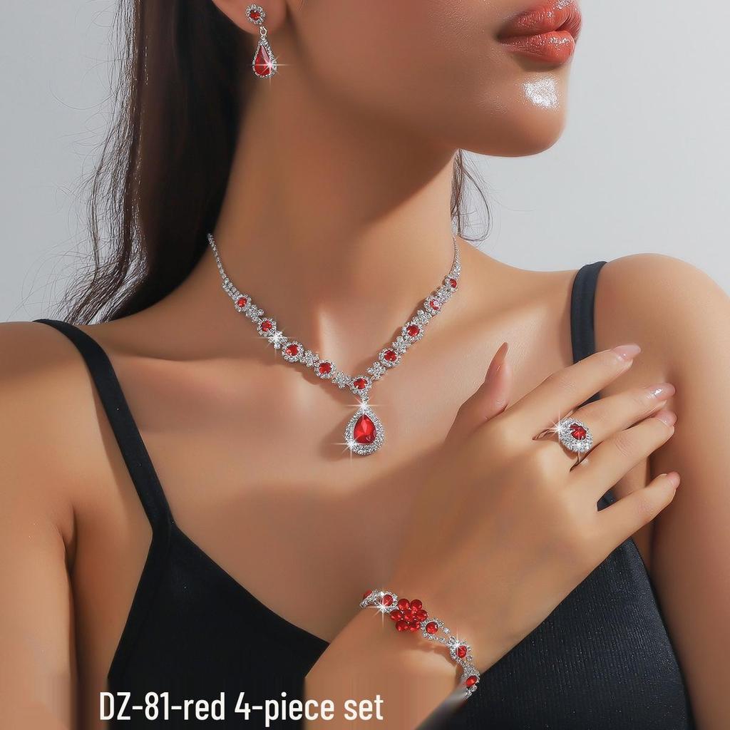 Европейский и американский многоцветный набор украшений со стразами: Зеленый, Синий и Красный Ожерелье, Серьги, Браслет и Кольцо