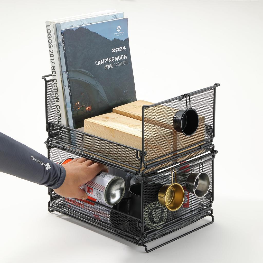 CAMPING MOON Bridge Table for IGT, Mesh Box, IGT Tray, Storage Box, Expanded Metal with Half Door, 2-Piece Set (CK-23BK-2P)