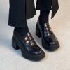 Sheepskin Version~ Badge Metal Buckle Retro One-pedal Loafers Women's Round Head Thick-soled Waterproof Table High-heeled Small Leather Shoes