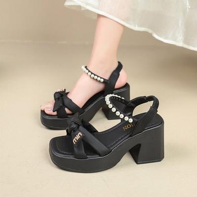 Французские туфли на высоком каблуке, толстый каблук, лето 2025, новые нежные туфли с бантом, жемчужные босоножки на платформе с одним словом и пряжкой, женские