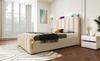 Upholstered Bed Single Bed, Headboard with Golden Stripes and USB Type-C Charging Function 90*200 cm, Beige Linen with 4 Drawers (Without Mattress)