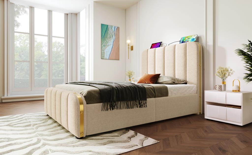Upholstered Bed Single Bed, Headboard with Golden Stripes and USB Type-C Charging Function 90*200 cm, Beige Linen with 4 Drawers (Without Mattress)
